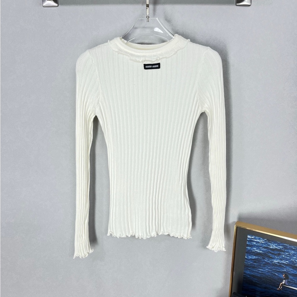 Miu Miu Cream Ribbed Lettuce-Edge Long Sleeve Top